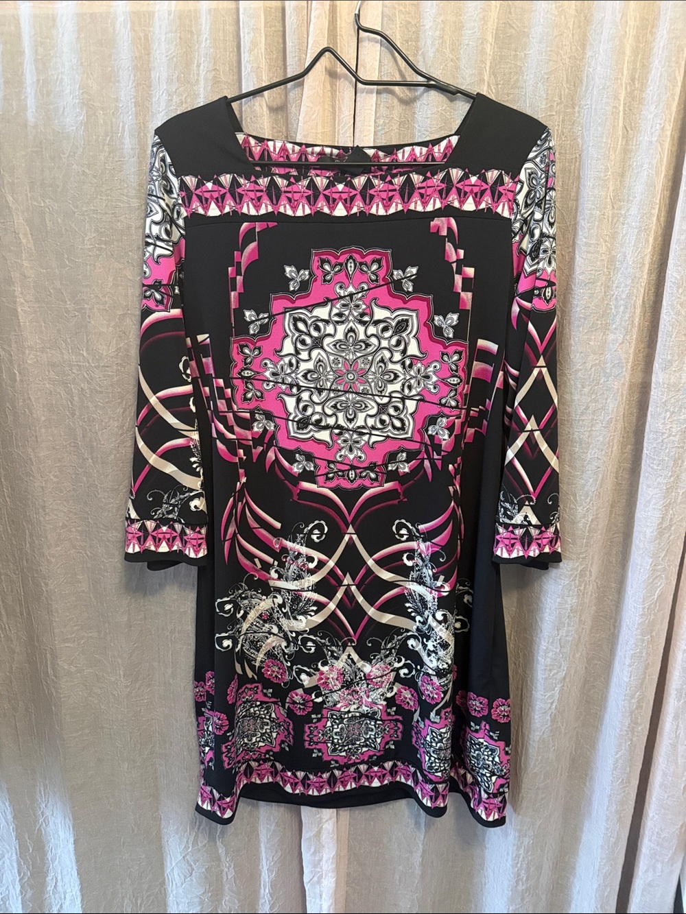 Style & Co. Black and Pink Patterned Long Sleeve Midi Dress